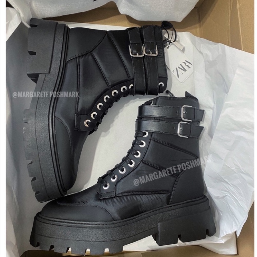 Zara black thick sole lace ups , quilted , doble buckled ,combat boots - Picture 10 of 12